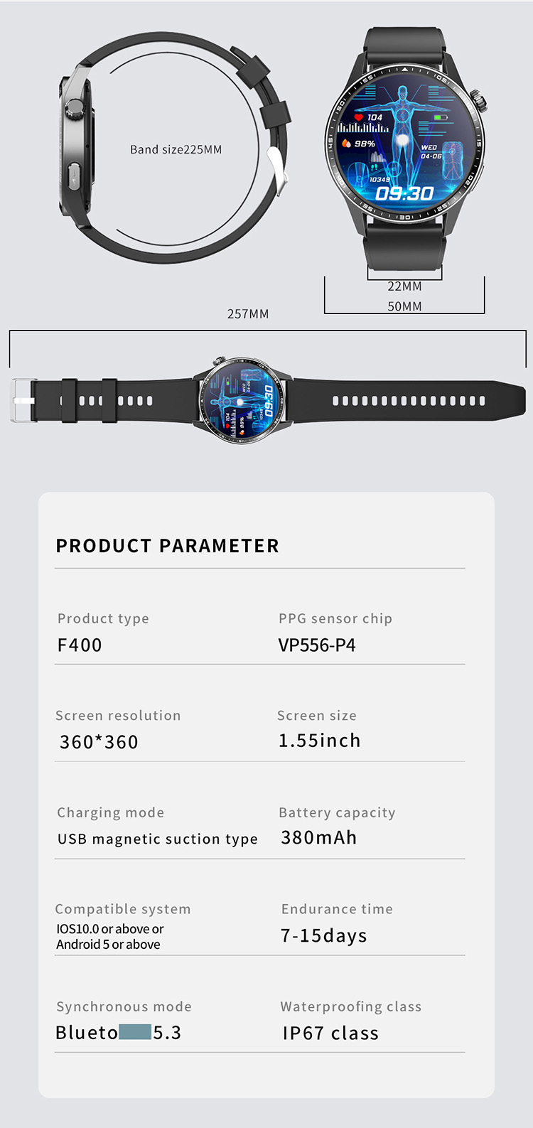 Product parameter F400 smartwatch